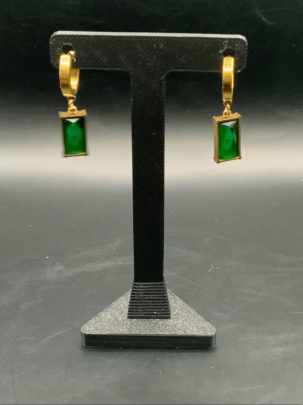 Gold Hoop Earrings with Green Rectangular Stone